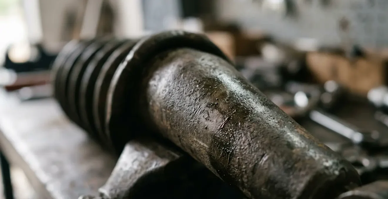 Détail d'un amortisseur de voiture présentant des signes d'usure, illustrant les dangers avant le tête-à-queue