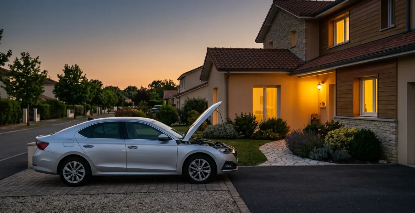 Voiture immobilisée devant une maison nécessitant une assistance dépannage à domicile