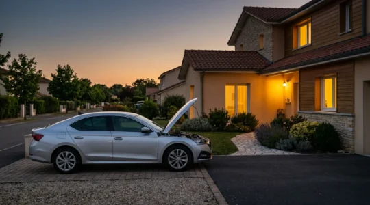 Voiture immobilisée devant une maison nécessitant une assistance dépannage à domicile