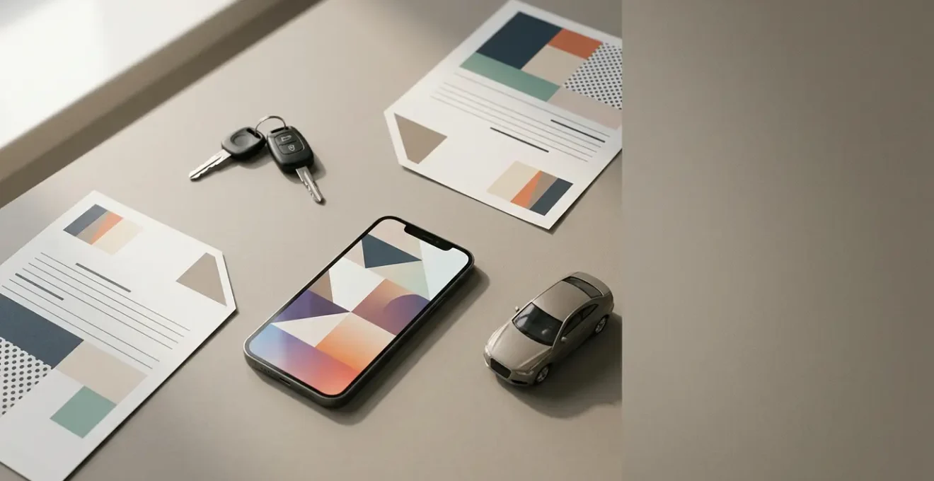 Scène représentant la location de voiture entre particuliers avec documents d'assurance et clés de véhicule