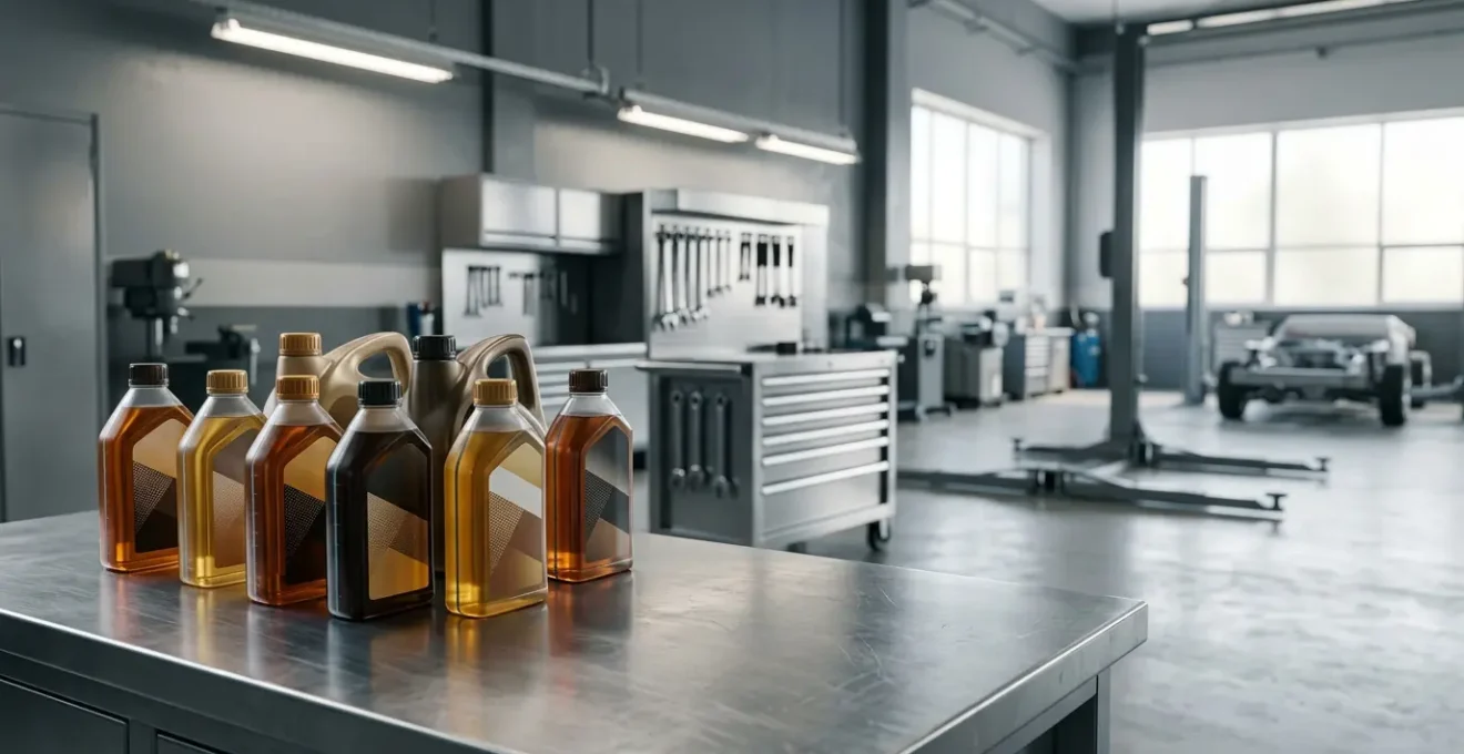 Bidons d'huile moteur synthétique et minérale dans un environnement de garage professionnel