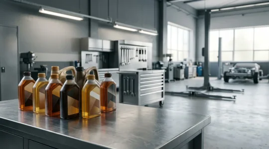 Bidons d'huile moteur synthétique et minérale dans un environnement de garage professionnel