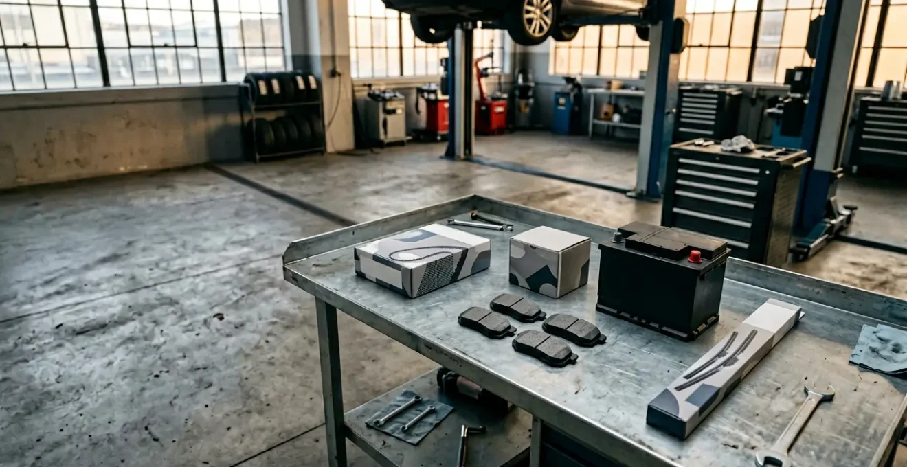 Vue d'atelier mécanique professionnel avec outils de diagnostic et pièces automobiles de remplacement disposées méthodiquement