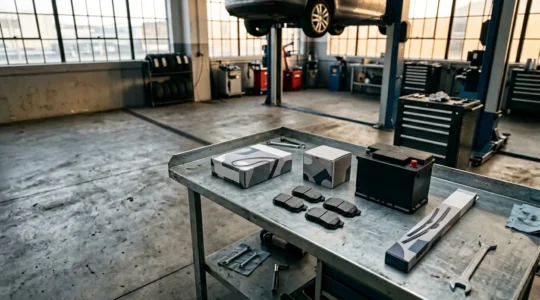 Vue d'atelier mécanique professionnel avec outils de diagnostic et pièces automobiles de remplacement disposées méthodiquement