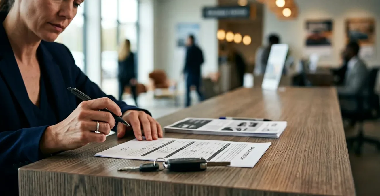 Scène au comptoir de location de voiture illustrant les interactions contractuelles