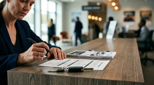 Scène au comptoir de location de voiture illustrant les interactions contractuelles