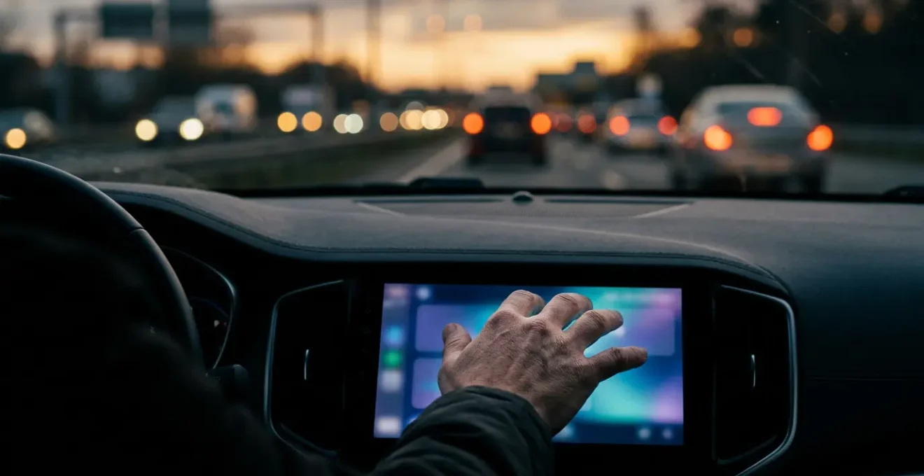 Vue rapprochée d'une main de conducteur manipulant un écran tactile dans une voiture moderne, avec le pare-brise flou en arrière-plan symbolisant la perte d'attention sur la route