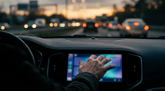 Vue rapprochée d'une main de conducteur manipulant un écran tactile dans une voiture moderne, avec le pare-brise flou en arrière-plan symbolisant la perte d'attention sur la route