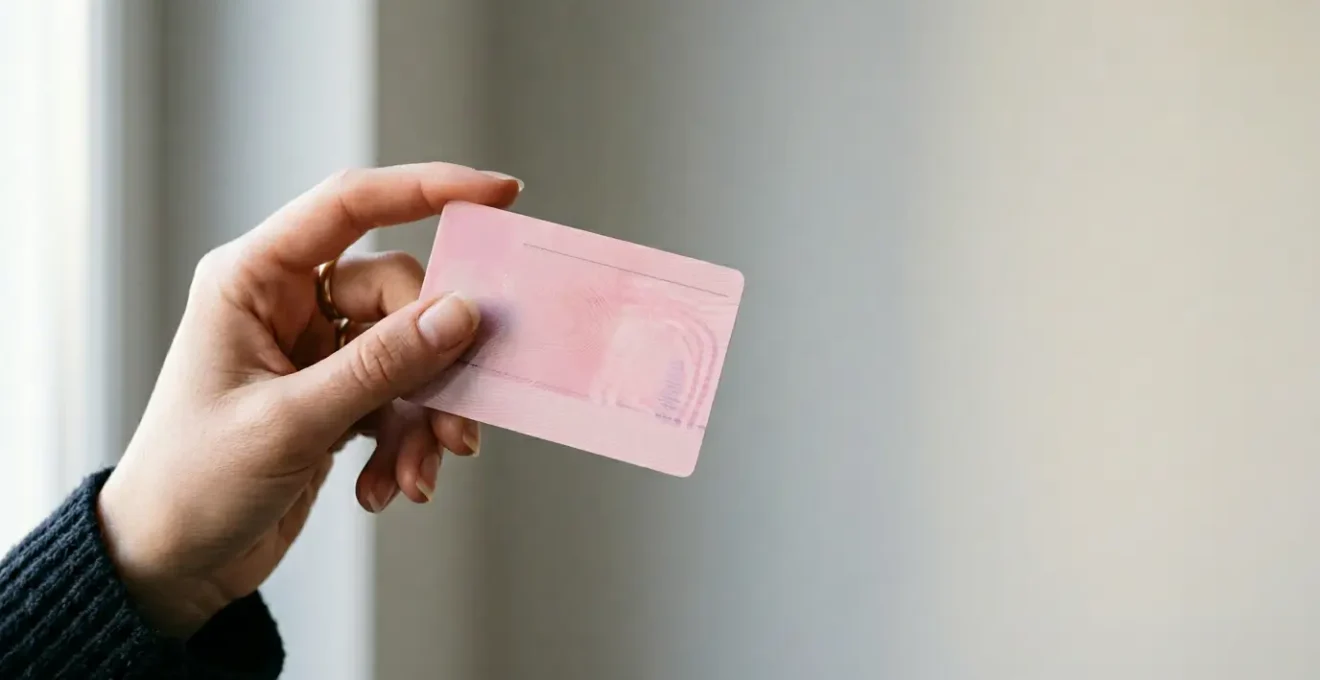 Main d'un conducteur tenant un permis de conduire français sur fond neutre avec espace négatif