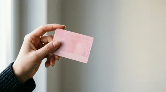 Main d'un conducteur tenant un permis de conduire français sur fond neutre avec espace négatif