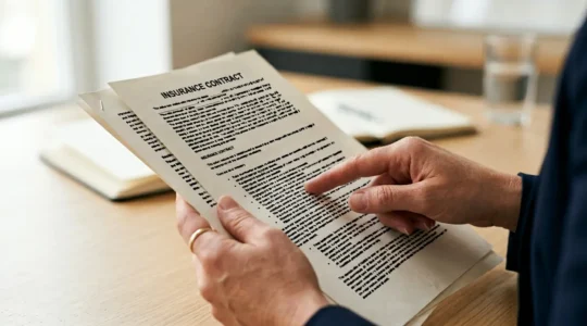 Professionnel examinant attentivement des documents d'assurance automobile pour identifier les clauses importantes