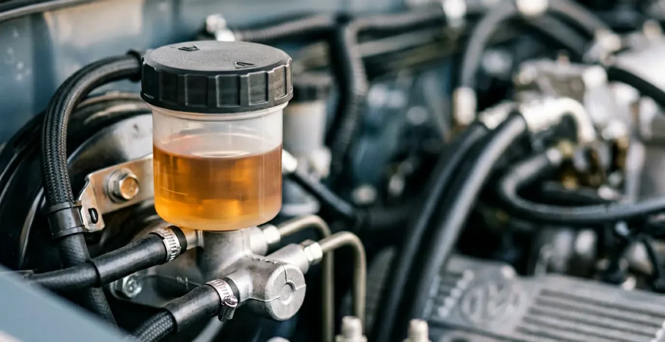 Bocal de liquide de frein transparent montrant l'absorption progressive d'humidité avec passage du temps