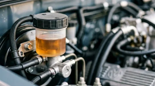 Bocal de liquide de frein transparent montrant l'absorption progressive d'humidité avec passage du temps