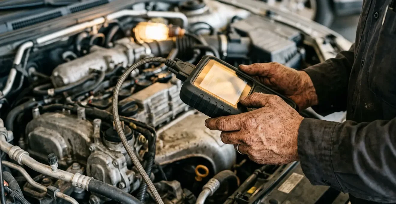 Gros plan d'un mécanicien professionnel effectuant un diagnostic moteur avec des outils modernes