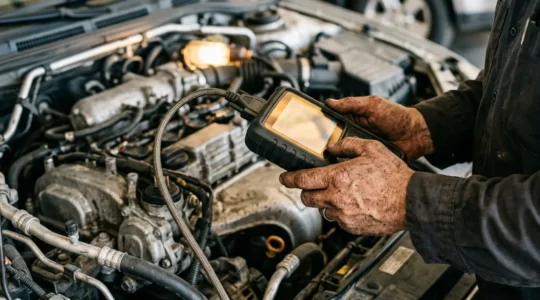 Gros plan d'un mécanicien professionnel effectuant un diagnostic moteur avec des outils modernes
