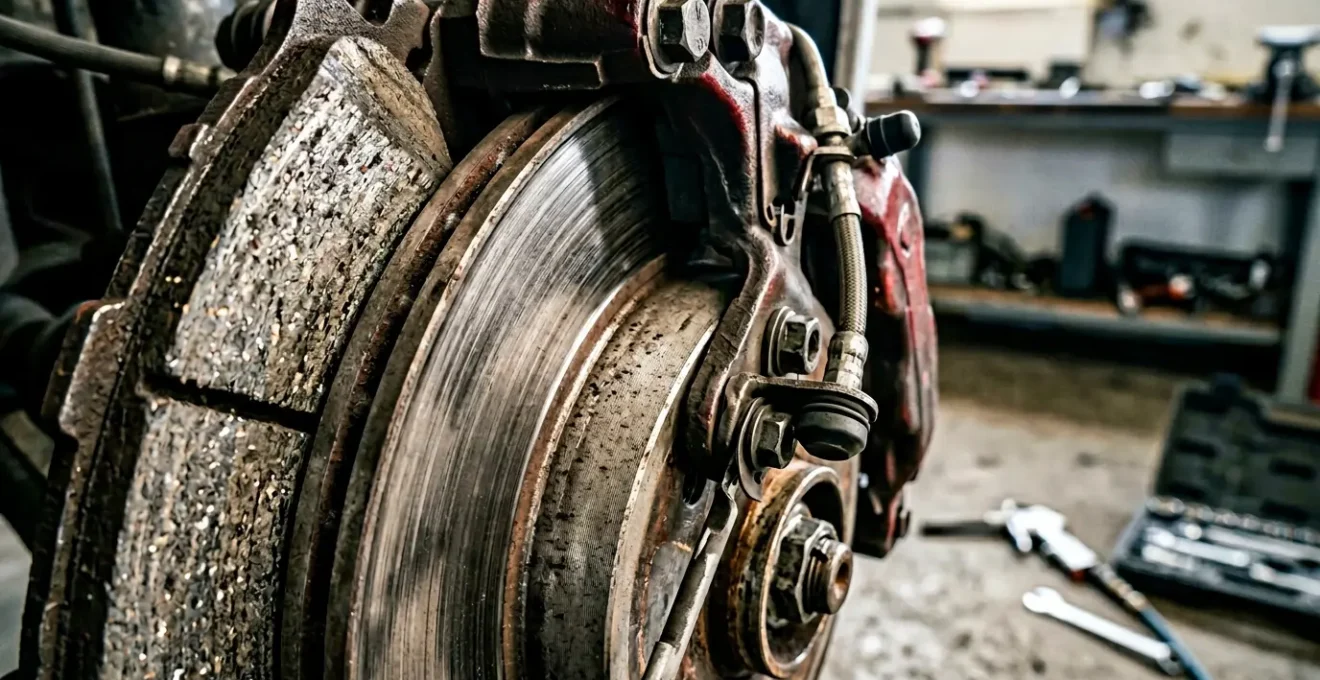 Gros plan détaillé sur un système de freinage automobile montrant l'usure des plaquettes et du disque pour illustrer l'importance du diagnostic
