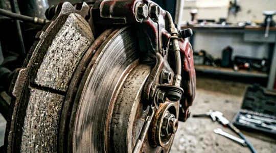 Gros plan détaillé sur un système de freinage automobile montrant l'usure des plaquettes et du disque pour illustrer l'importance du diagnostic