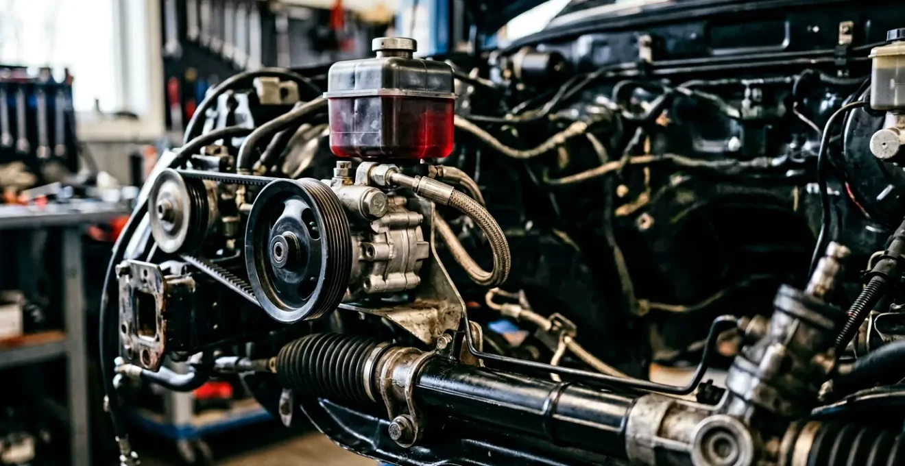 Système de direction assistée automobile montrant la pompe hydraulique et la crémaillère sous un capot moteur