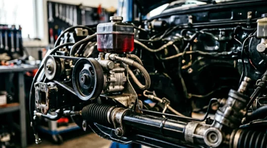 Système de direction assistée automobile montrant la pompe hydraulique et la crémaillère sous un capot moteur
