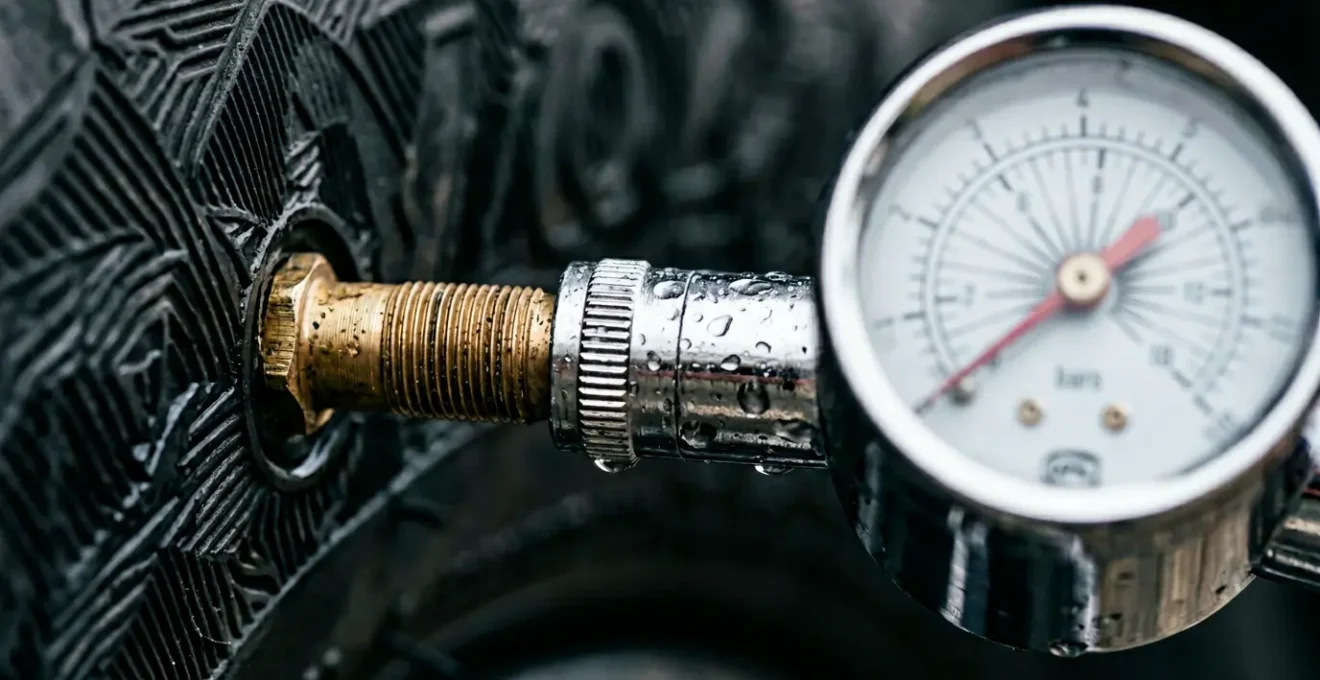 Gros plan sur une valve de pneu avec manomètre de pression, concept de gonflage optimal pour la sécurité routière