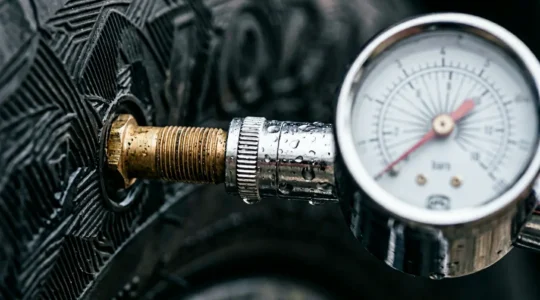 Gros plan sur une valve de pneu avec manomètre de pression, concept de gonflage optimal pour la sécurité routière