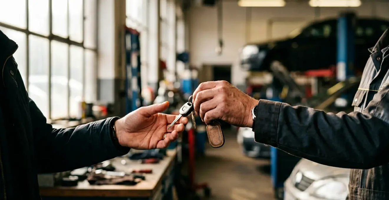Mains échangeant des clés de voiture devant un garage moderne