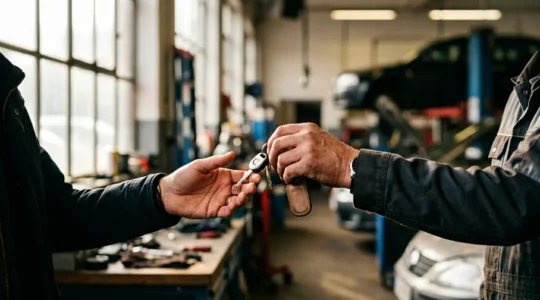 Mains échangeant des clés de voiture devant un garage moderne