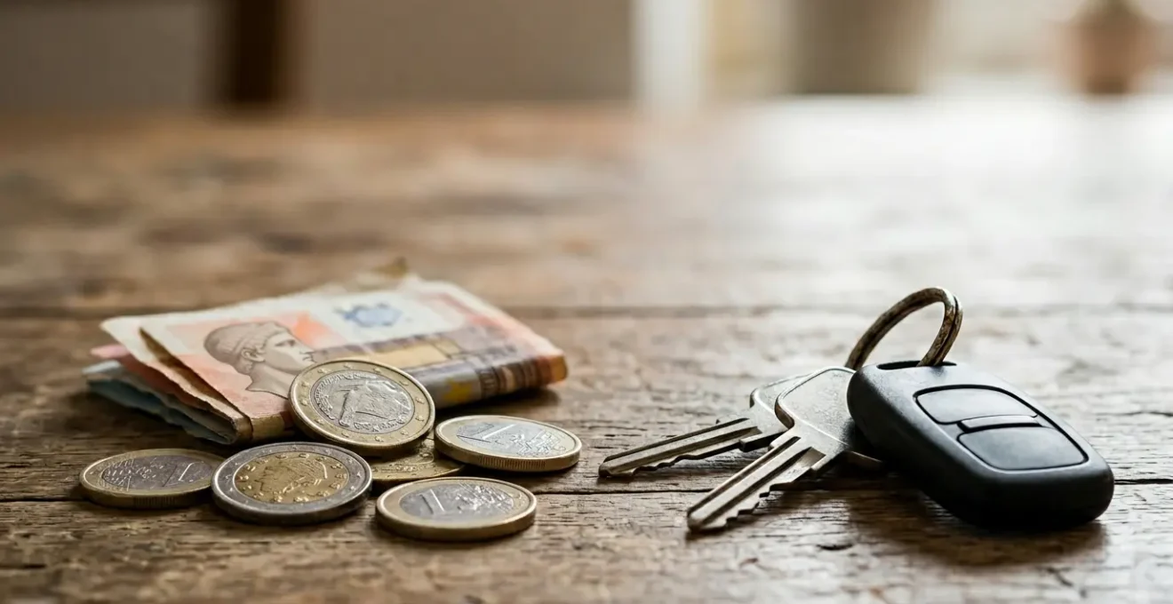 Gros plan sur des clés de voiture et des pièces de monnaie illustrant l'optimisation du budget automobile