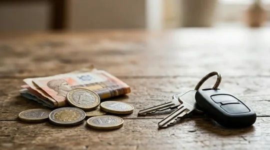 Gros plan sur des clés de voiture et des pièces de monnaie illustrant l'optimisation du budget automobile