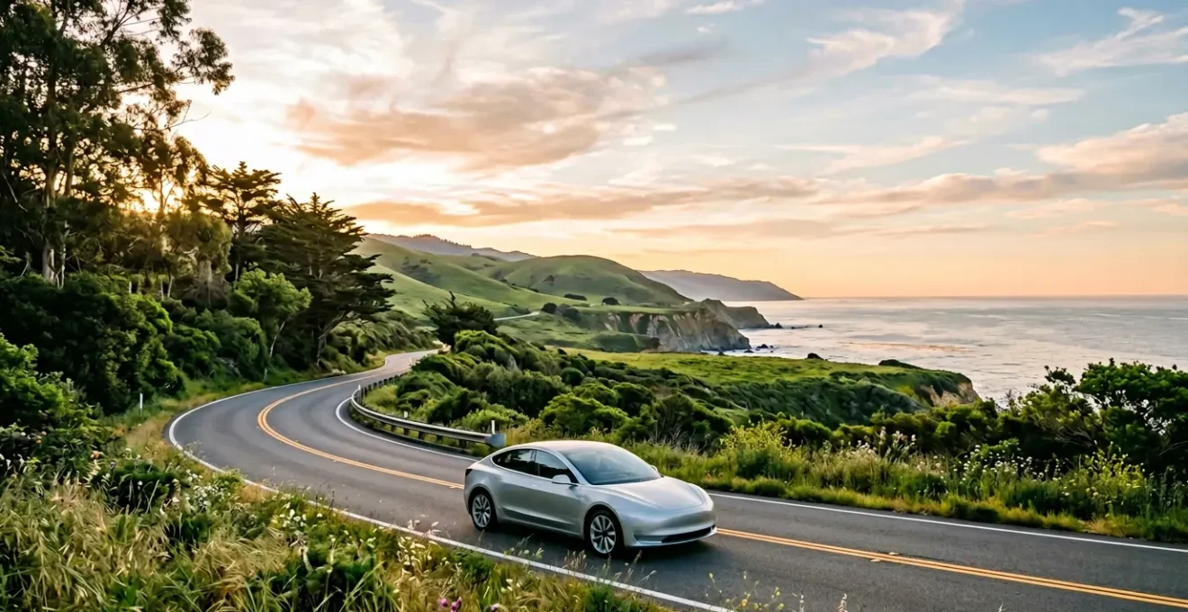 Véhicule moderne sur route avec environnement naturel symbolisant la conduite écologique et la réduction des émissions