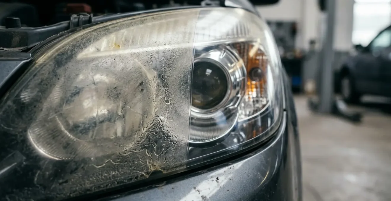 Gros plan sur des phares de voiture avec effet avant-après de rénovation d'optiques