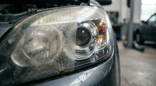 Gros plan sur des phares de voiture avec effet avant-après de rénovation d'optiques