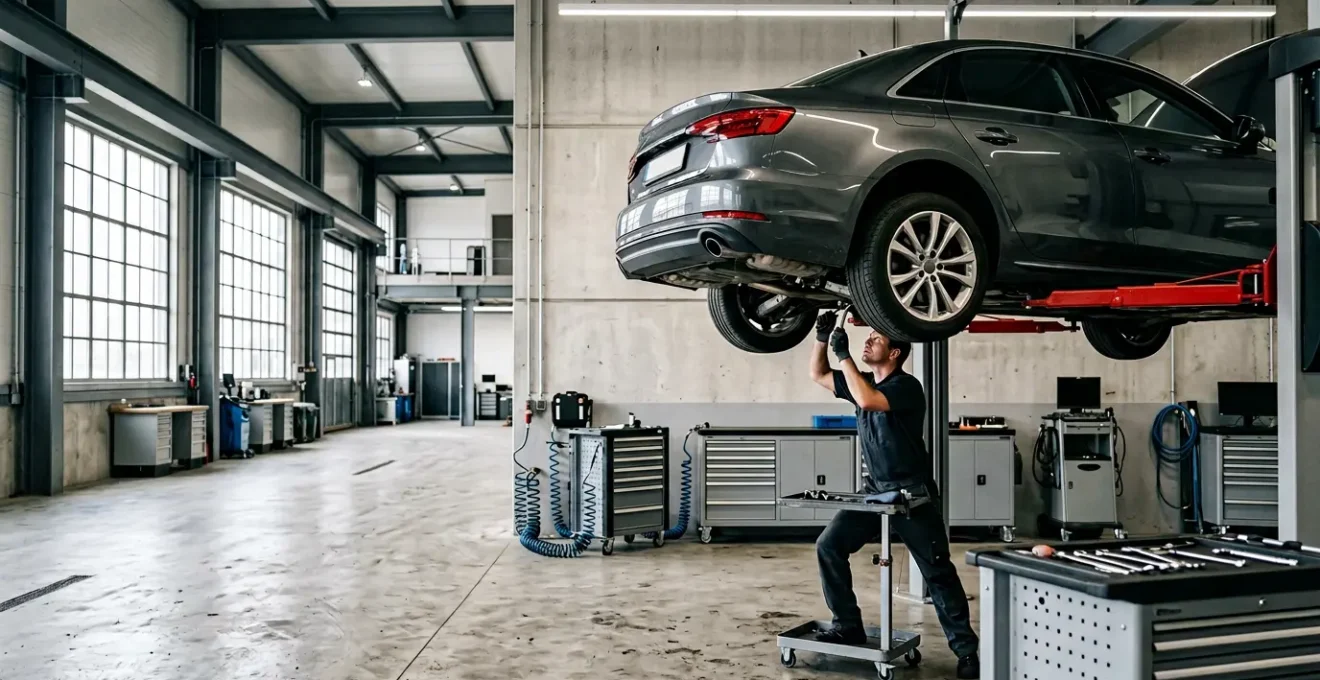 Mécanicien professionnel effectuant une révision automobile dans un garage moderne
