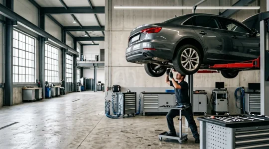 Mécanicien professionnel effectuant une révision automobile dans un garage moderne