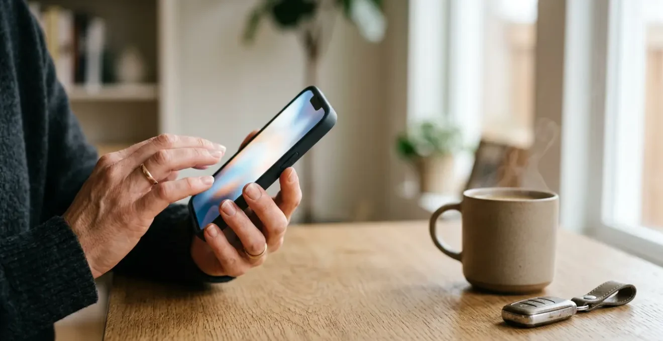 Personne souscrivant une assurance auto en ligne sur smartphone dans un environnement moderne