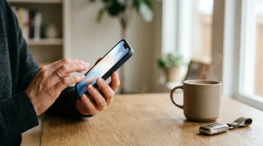 Personne souscrivant une assurance auto en ligne sur smartphone dans un environnement moderne