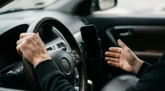 Main tenant un smartphone dans l'habitacle d'une voiture symbolisant les risques du téléphone au volant