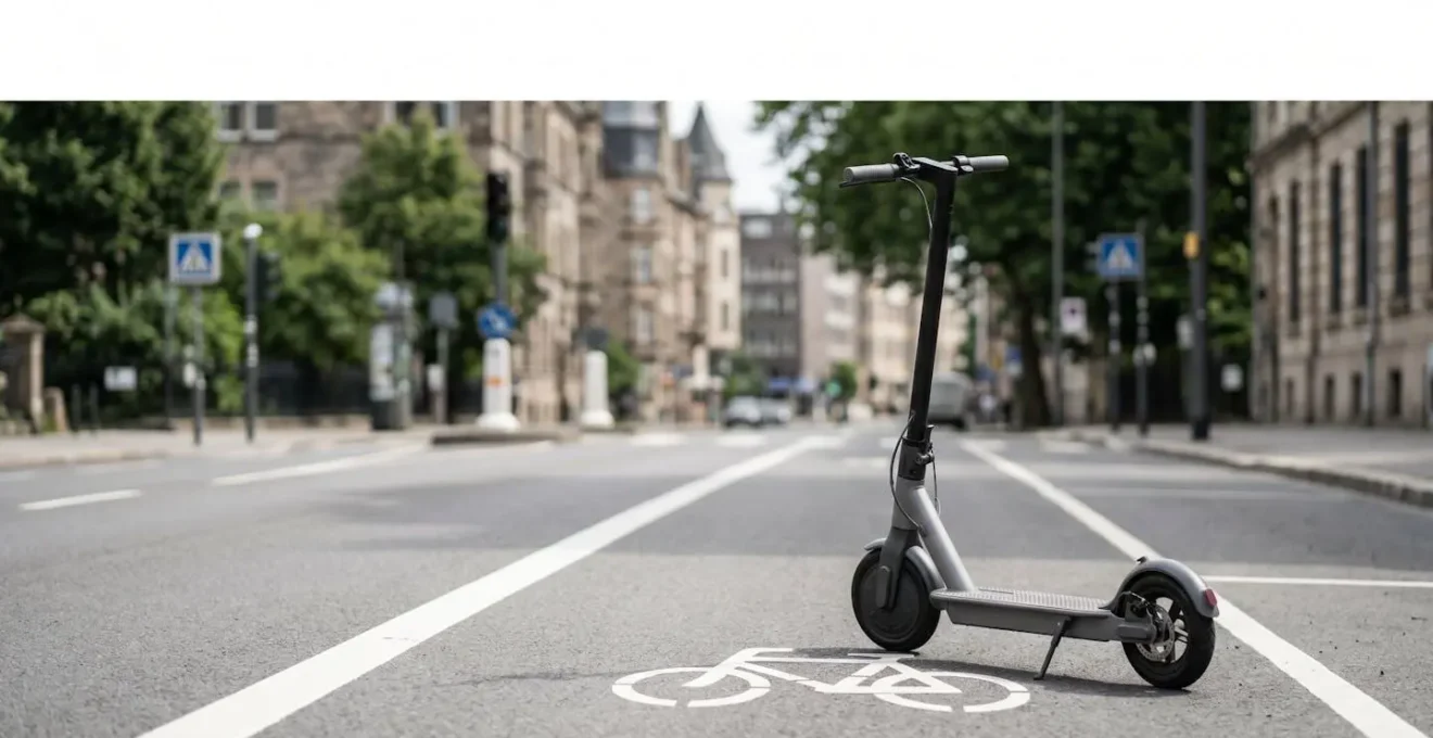 Trottinette électrique moderne garée sur une piste cyclable en milieu urbain