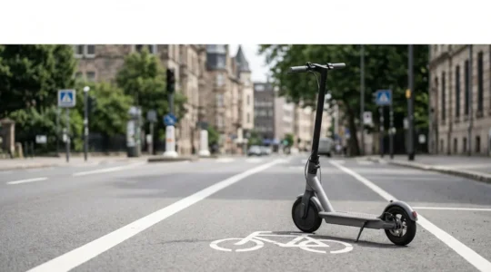 Trottinette électrique moderne garée sur une piste cyclable en milieu urbain