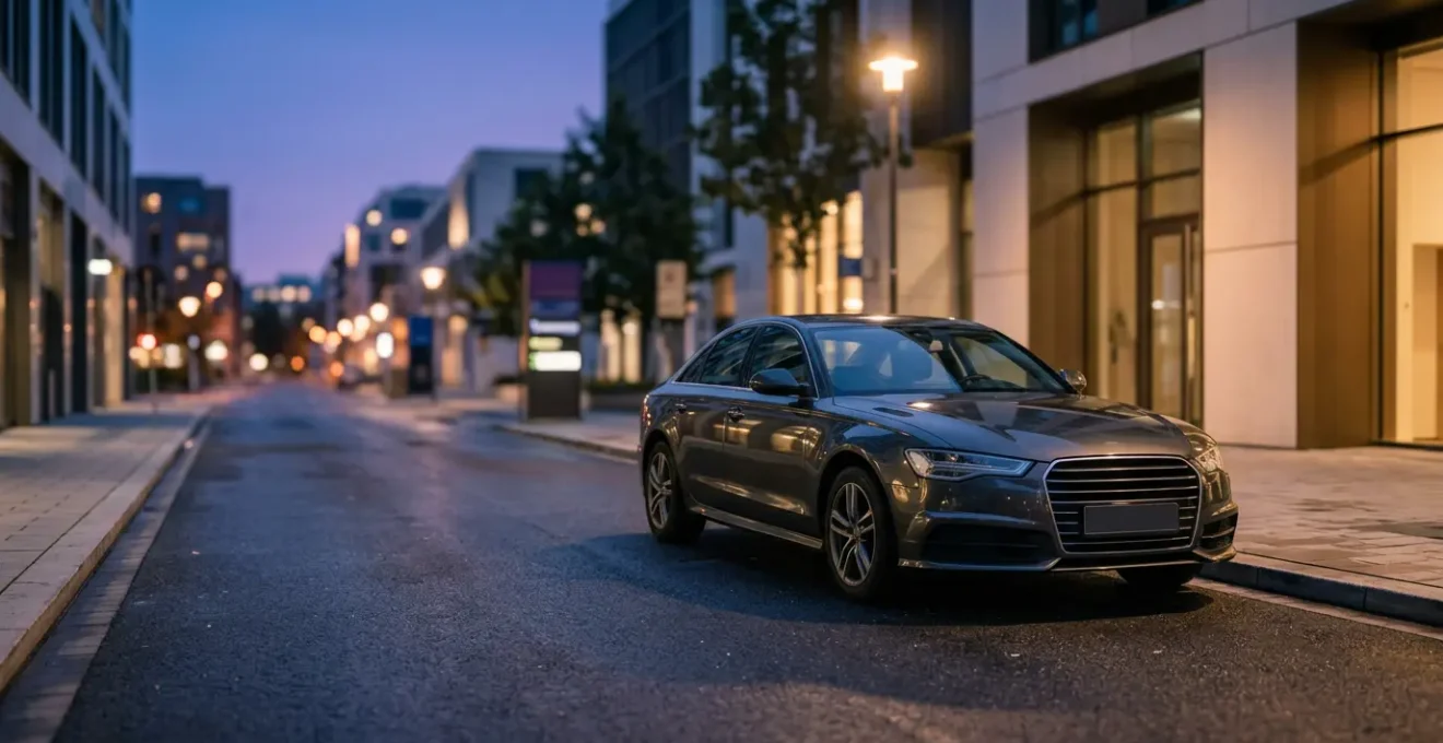 Voiture garée la nuit dans un environnement urbain sous éclairage public, symbolisant la protection des garanties d'assurance automobile