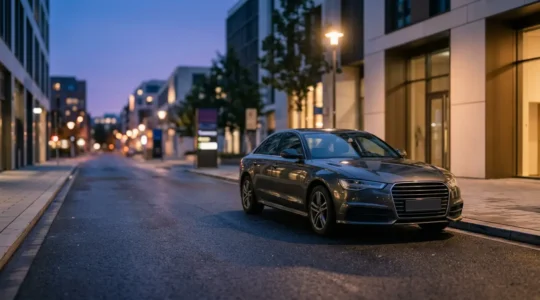 Voiture garée la nuit dans un environnement urbain sous éclairage public, symbolisant la protection des garanties d'assurance automobile