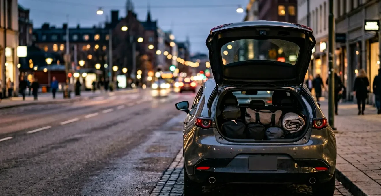 Coffre de voiture entrouvert avec des objets personnels, symbolisant les risques de vol d'équipements