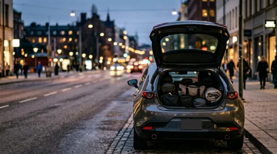 Coffre de voiture entrouvert avec des objets personnels, symbolisant les risques de vol d'équipements