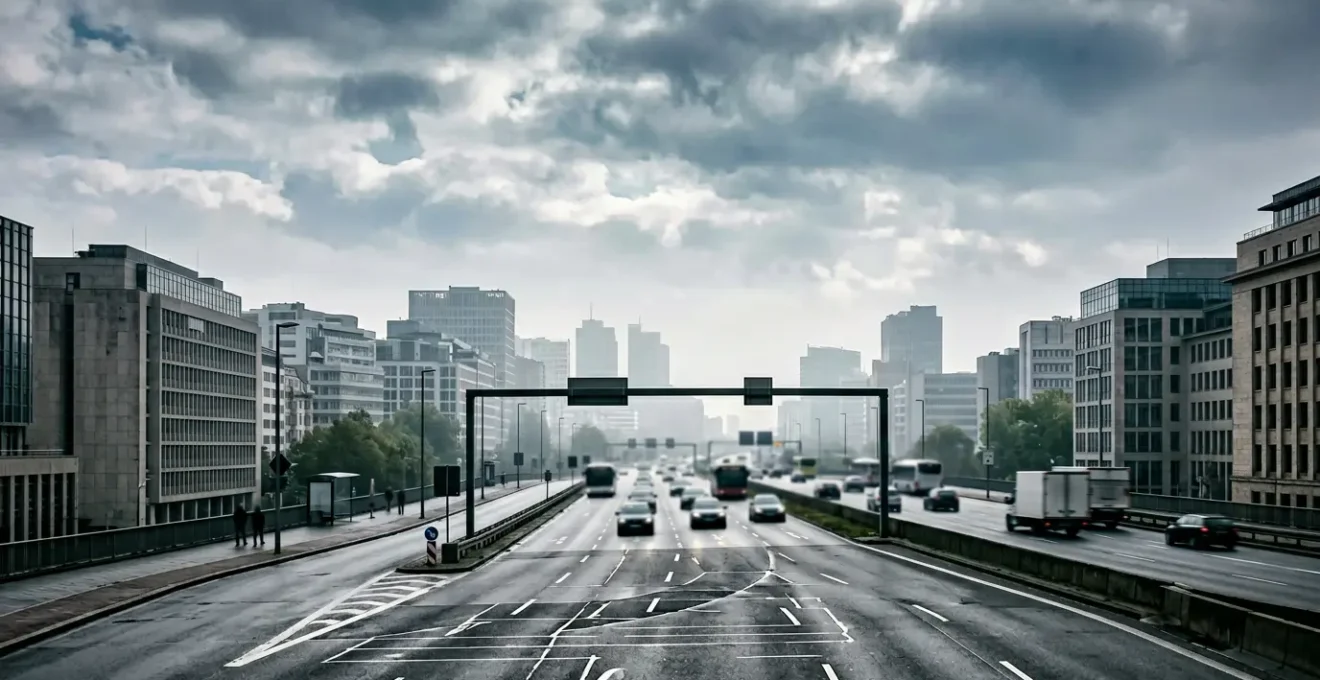 Vue d'une zone urbaine avec dispositif de contrôle environnemental pour les véhicules, illustrant les restrictions de circulation en centre-ville