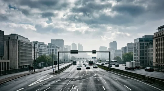 Vue d'une zone urbaine avec dispositif de contrôle environnemental pour les véhicules, illustrant les restrictions de circulation en centre-ville