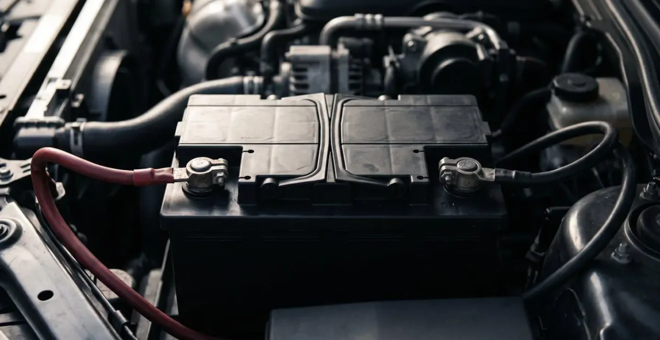 Batterie de voiture 12V avec câbles de connexion dans compartiment moteur, éclairage naturel doux