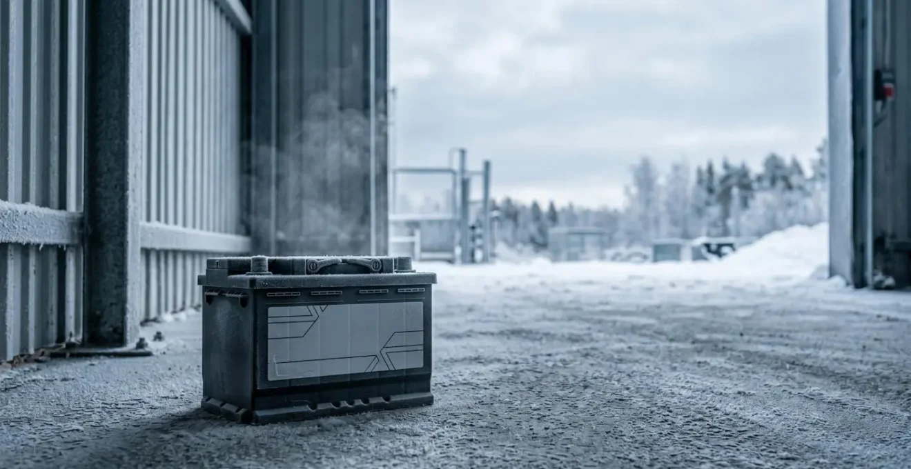 Batterie de voiture dans un environnement froid hivernal avec givre visible