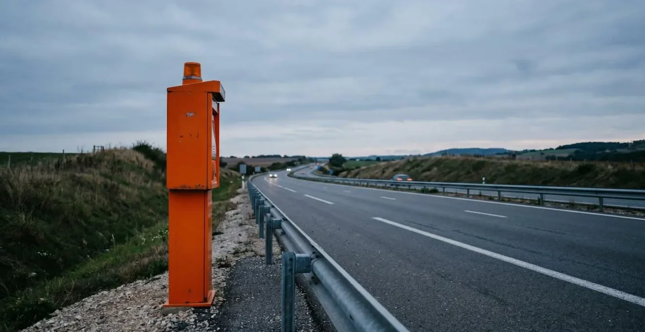 Borne d'appel d'urgence orange sur le bord d'une autoroute française