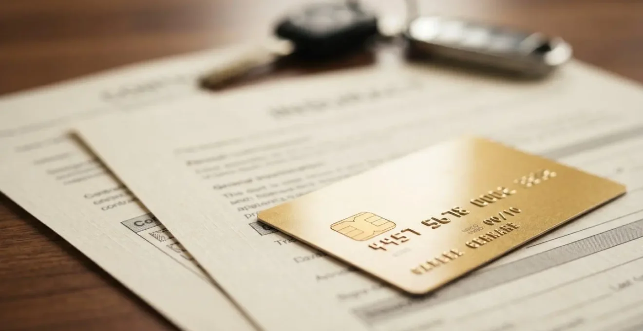 Carte bancaire dorée posée sur un contrat d'assurance avec clés de voiture en arrière-plan