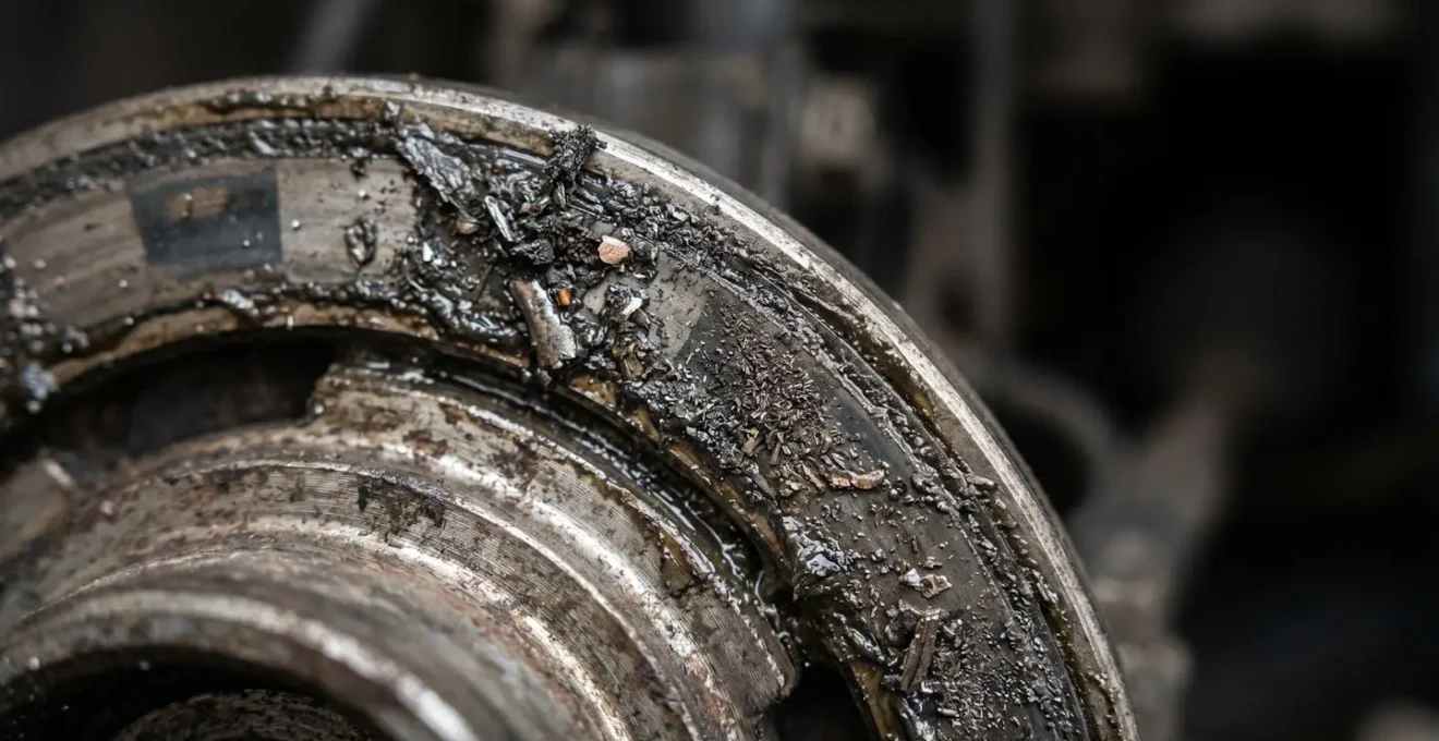 Gros plan macro sur un roulement de roue avec cible magnétique recouverte de limaille ferreuse